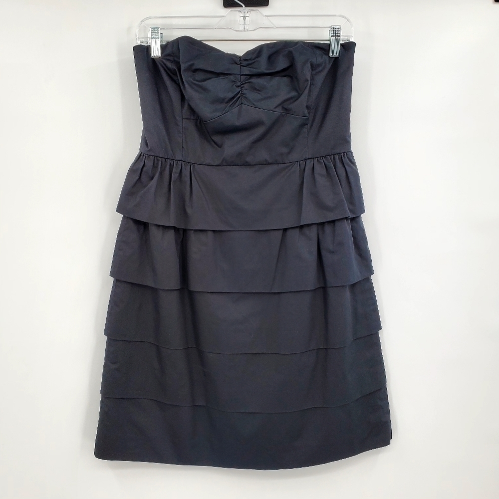J. Crew Black Cotton Strapless Tiered Ruffle Mini Cocktail Dress